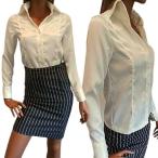 オフホワイト厚地サテンブラウスサテンシャツストレッチ長袖ブラウス光沢OL制...