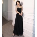 パーティードレス 結婚式 お呼ばれドレス 赤 黒 ロングドレス 袖あり シアー袖 韓国 ドレス ロング 小さいサイズ 大きいサイズ 3L 星 スパンコール ラメ