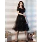 ショッピングパーティ パーティードレス 結婚式 お呼ばれドレス 膝下丈 袖あり ラメ チュールドレス ミディアムドレス 大きいサイズ 3L 4L 黒 韓国 ファッション