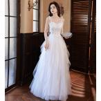 ウェディングドレス Aライン ロングドレス 結婚式 二次会 ドレス 花嫁 チュール キャミソール レース フリル 肩リボン 大きいサイズ 3L  4L 5L 小さいサイズ