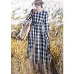 ギンガムチェック ロングワンピース 長袖 マキシ丈 ワンピース レディース カジュアル マキシワンピース リバーシブル 大きいサイズ 秋 春 丸首 ウエストマーク