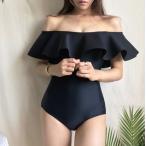 水着 ワンピース オフショルダー セクシー フリル 小胸カバー オフショル 水着 レディース レトロ シック シンプル きれいめ 黒 白 大きいサイズ