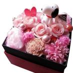 プリザーブドフラワー スヌーピー入り 母の日 記念日 お祝 妻 嫁 両親 女性 友人 結婚 花 花束 フラワーギフト ピンク系 マスコットカラーはおまかせ