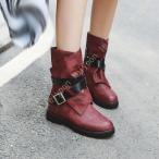 エンジニアブーツ レディース 靴 ミドル丈 クロ ダークブラウン ラウンドトゥ ベルト くしゅくしゅ ベルトバックル ローヒール タンクソール