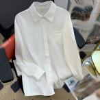 シャツ レディース とろみ ブラウス 長袖 おしゃれ オフィス 春夏 秋冬 きれいめ トップス シフォン 襟付き 前開き ボタン シワになりにくい 大きいサイズ 白