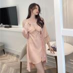 ネグリジェ スリップ ガウン 2点セット バイカラー シルクみたい 大きいサイズ 着物レディース シルキーパジャマ ナイトウェア セクシー Vネック 半袖