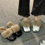 ショッピングミュール もこもこ ミュール レディース ファー付き スクエアトゥ ミュールサンダル ぺたんこ フラットシューズ 秋冬靴 ファーサンダル 暖かい 保温 ローヒール