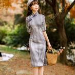  платье в китайском стиле женский One-piece коричневый ina способ платье кнопка One-piece улучшение chi- Pao коричневый ina одежда раса костюм китайский способ колени длина linen хлопок лен раса способ короткий рукав China способ 