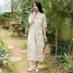  длинный One-piece женский лето короткий рукав maxi One-piece цветок осень хлопок лен elegant платье в китайском стиле body type покрытие надеты .. большой размер One-piece длинный длина 