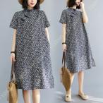  женский хлопок лен платье в китайском стиле One-piece короткий рукав платье длинный длина цветочный принт раса способ натуральный свободно body type покрытие casual формальный . старый коричневый ina одежда 