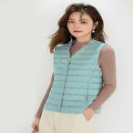 インナー ダウンベスト レディース 秋 冬 春 インナーダウン ライトダウン ベスト ノーカラー ダウン 丸首 薄手 軽量 中綿 防寒着 ボタン ルームウェア 紫
