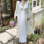 ネグリジェ レディース パジャマ 可愛い 姫系ネグリジェ レースフリル ワンピース ロング 長袖 ルームウェア 部屋着 レースパジャマ ナイトウェア 春夏用