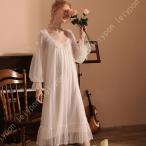 ネグリジェ パジャマ レースフリル エレガント 姫系 かわいい フリル ワンピース 姫 ロングワンピース 長袖 肌に優しい チュール素材 レディース 長袖