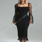 ワンピース タイト 水玉 フレア カクテルドレス 長袖 イブニングドレス 卒業式 パーティードレス キャバ 演奏会 シャー 大人っぽい マーメイドワンピース