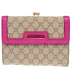 新品同様 セリーヌ マカダム柄 がま口 キャンバス ベージュ ピンク 三つ折り財布 0743 CELINE