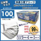 マスク 99％カット 100枚（50枚入×2箱） 即納 快適三層プリーツ立体型 不織布 ふつうサイズ ウイルス飛沫 PM2.5 耳が痛くない