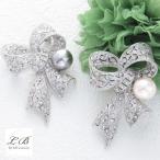 ブローチ(br17) リボン パール＆ラインストーン フォーマルセレモニー おしゃれ 卒業式 入学式