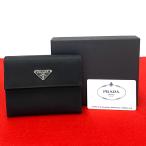 極 美品 箱付 PRADA プラダ 三角ロゴ 金具 ナイロン レザー 本革 三つ折り 財布 札入れ 小銭入れ コインケース ウォレット ブラック 28721