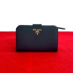 ほぼ未使用 PRADA プラダ ロゴ ゴールド 金具 サフィアーノ レザー 本革 ジップ 二つ折り財布 ミニ ウォレット ネイビー 紺 52574