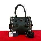 極 美品 PRADA プラダ 三角ロゴ 金具 ビジュー レザー 本革 2way ハンドバッグ トートバッグ ショルダーバッグ ブラック 黒 97448