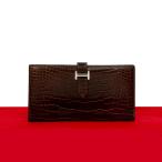 ほぼ未使用 □R 刻印 HERMES エルメス ベアン スフレ アリゲーター レザー 本革 二つ折り財布 長財布 ウォレット ブラウン 38536