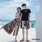 q1ペアルック カップル セットアップ ビーチワンピース レディース オーバーオール メンズ ペアtシャツ+ハーフパンツ ご夫婦.カップル 恋人 春夏 ペアお揃い カ