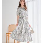 線画タッチ花柄ギャザー切替ワンピース