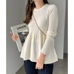 ショッピングアンドミー アンドミー andme 無地 ボーダー ペプラム フレア リブ ニット トップス （オフホワイト）