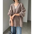 ショッピングアンドミー アンドミー andme 天竺編みVネック長袖ニットトップス （グレージュ）