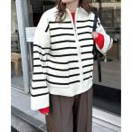 ショッピングアンドミー アンドミー andme 無地/ボーダー スポンディッシュ ランタンスリーブ ジップニットカーディガン （オフホワイト×ブラック）