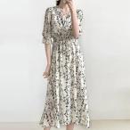 ドゥー ベル Doux Belle マキシワンピース レディース  花柄 Vネック パフスリーブ ロング丈 ひざ下 五分袖 長袖 （オフホワイト）