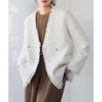 ショッピングツイード エルフランク ELFRANK ツイードフリンジノーカラージャケット（ホワイト）