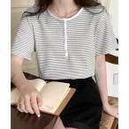 ガーリードール Girly Doll ヘンリーネックボーダートップス【韓国ファッション】 （グレー）