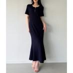 ジュノア JUNOAH ヘンリーネックストレッチジャガードワンピース （ネイビー）