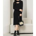 レースレディース Lace Ladies ソリッドカラー レイヤード風 リブ ニット ワンピース （ブラック）
