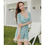 ショッピングビキニ レースレディース Lace Ladies フリンジ付きワンピース ビキニ 3点セット水着【返品不可商品】 （グリーン）