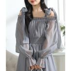 レースレディース Lace Ladies 肩リボン シフォン オフショルダー ギャザー ワンピース （グレー）