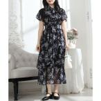 レースレディース Lace Ladies 花柄 ボウタイリボン フレア袖 ティアード ワンピース （ブラック）