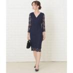 レースレディース Lace Ladies Vネック 総レース フォーマルタイトワンピースドレス （ネイビー）