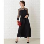 レースレディース Lace Ladies ドット柄7分袖レースリボンベルトフォーマルワンピースドレス （ブラック）