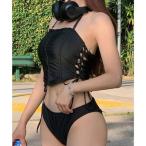  гонки женский Lace Ladies боковой гонки выше топ на бретелях бикини комплект [ товары без возможности возврата ] ( черный )