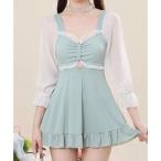 レースレディース Lace Ladies シアー ドッキング 7分袖 ワンピース スイムウエア【返品不可商品】 （ミント）