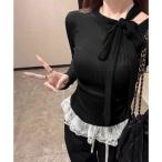 ミニミニストア miniministore リボンネックニット 裾レースカットソー秋 （ブラック）