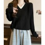 ミニミニストア miniministore Vネックリブニットトップス 暖かいニット （ブラック）
