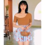  стиль boOSYAREVO [ сеть ограничение ]asime плечо Layered способ One-piece купальный костюм ( Brown × цветок голубой )[ замена * возвращенние товара не возможно ]