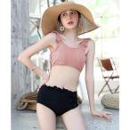  стиль boOSYAREVO [ сеть ограничение ] двойной оборка плавание одежда купальный костюм [ товары без возможности возврата ] ( розовый × черный )