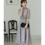 プールヴー PourVous 七分袖&ミモレ丈パーティードレスプチフリル大きいサイズ結婚式フォーマル ワンピース 20代 30代 40代 （ブルー）