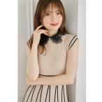 トッコクローゼット tocco closet 2WAYフラワーレース襟付き配色ラインプリーツニットワンピース
