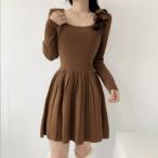 ショッピングゴー shoppinggo ワンピース レディース ニットワンピ ひざ丈 Aライン リブニット インナーワンピース ニットセーター ロング