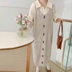 ショッピングゴー shoppinggo 大きいサイズ ニットワンピ ジャンパースカート マキシ丈ニットキャミワンピース 春秋冬  Vネック 無地 マタ